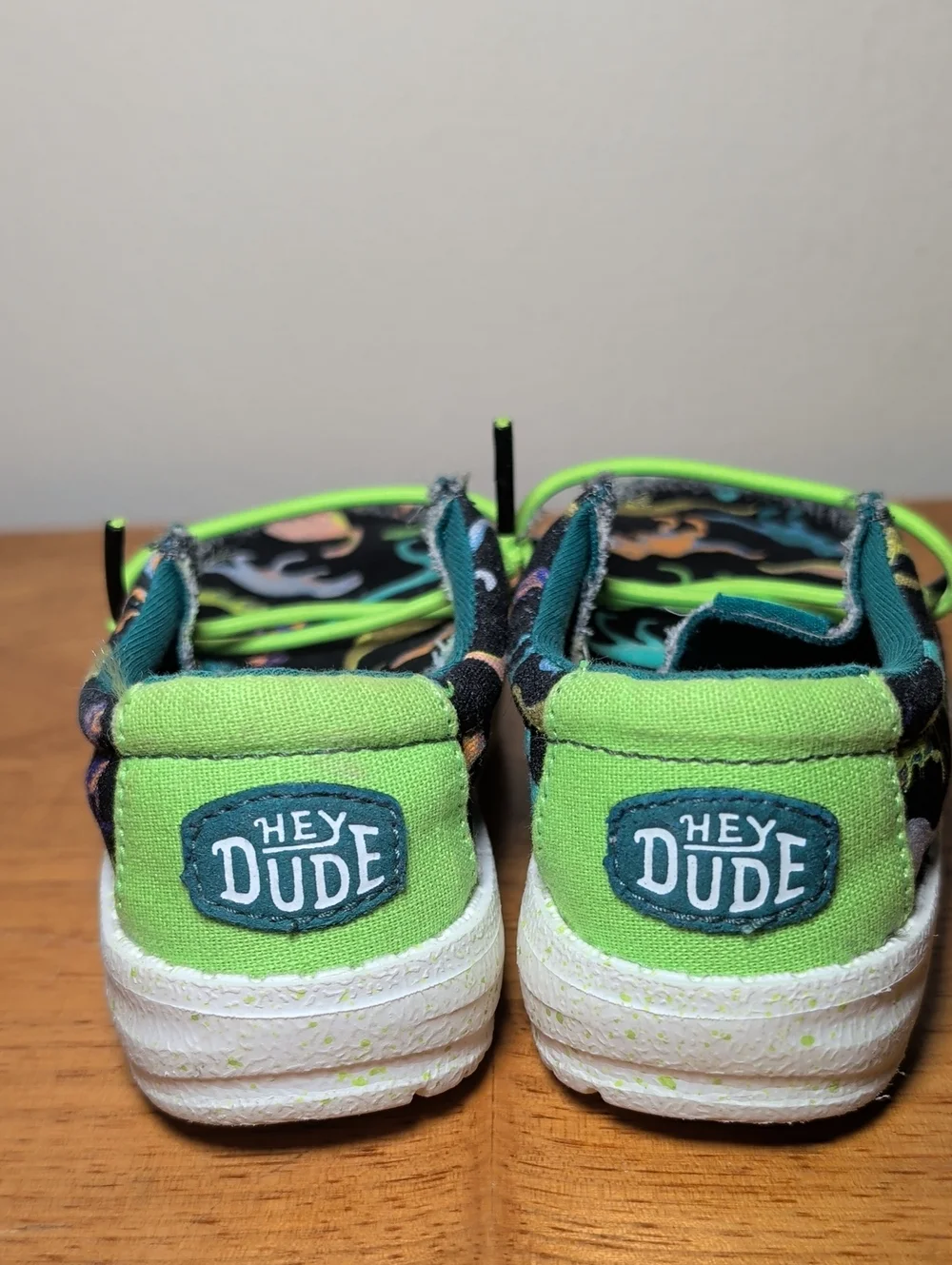 Hey Dude Wally Toddler Dino Print Shoes Blue Neon Green Boys Size 6